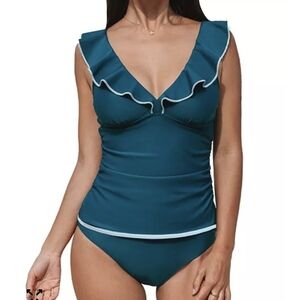 Cupshe Navy Blue Ruffle V-Neck Tankini Set New